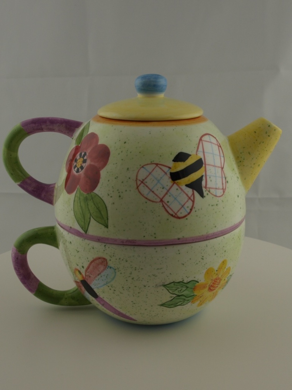 Tea for One Yellow Stackable Tea Cup/Pot Set - Whimisical Dragonfly, Bee, Floral